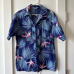 Vintage Hilo Hattie's Men's Hawaiian Floral Print Shirt Blue Pink M/L Cotton